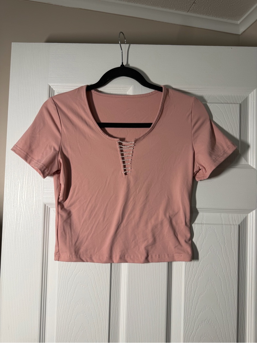 Women's Pink Short Sleeve Crop Top with Rhinestone Detail